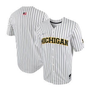 Men's Nike White/Navy Michigan Wolverines Pinstripe Replica Full-Button Baseball Jersey